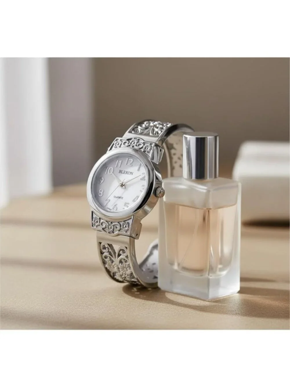 Women's Silver Japanese Quart 28mm Case Elegantly Designed Cuff Bangle Watch